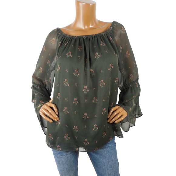 White House Black Market Tops - WHITE HOUSE BLACK MARKET Top L Green Blouse Party Lined Long Sheer Flared Sleeve